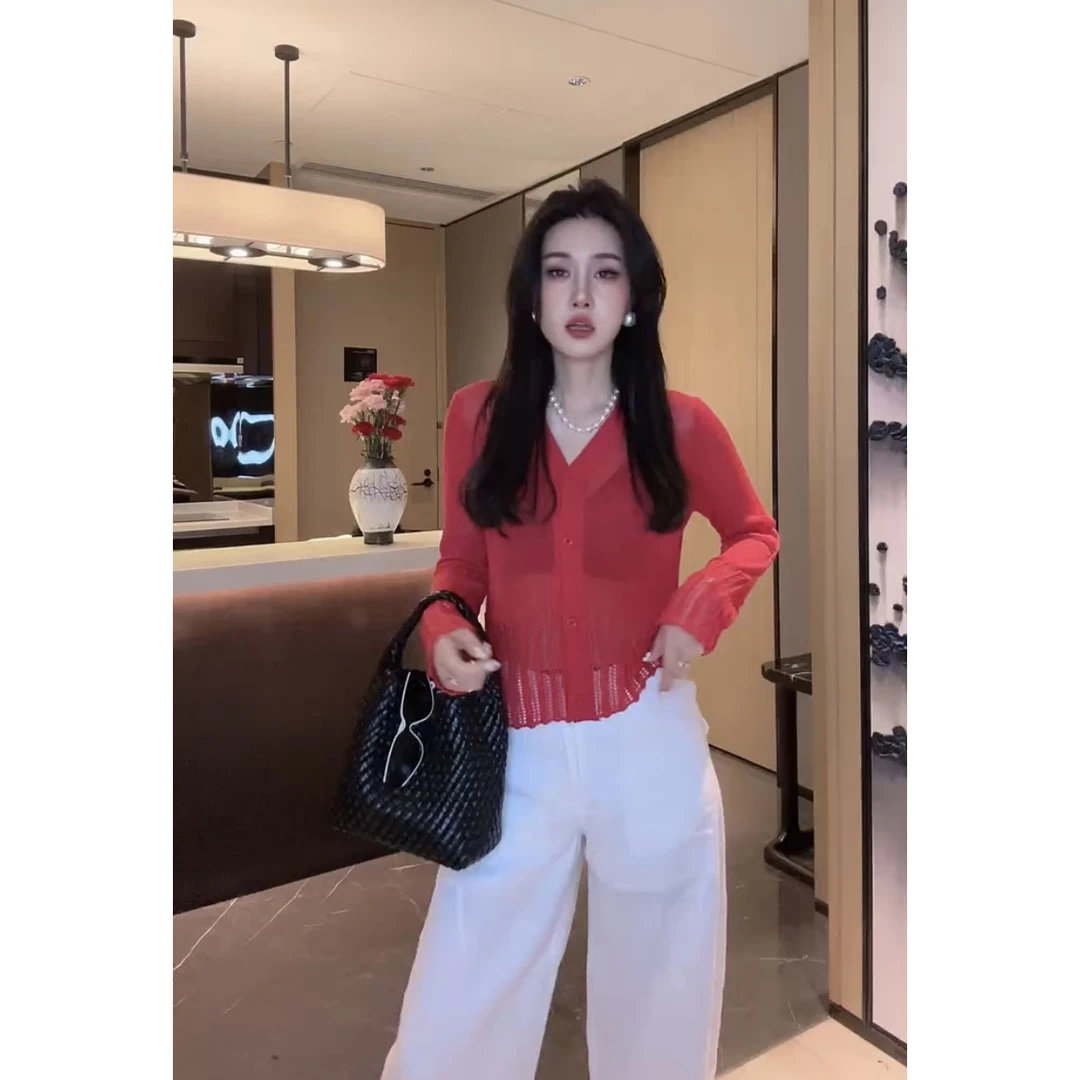 2025夏季新款简约时髦休闲百搭纯色镂空轻薄透气长袖防晒开衫上衣