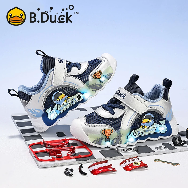 B.Duck小黄鸭童鞋男童运动鞋2025新款夏季儿童鞋子亮灯网面宝宝鞋