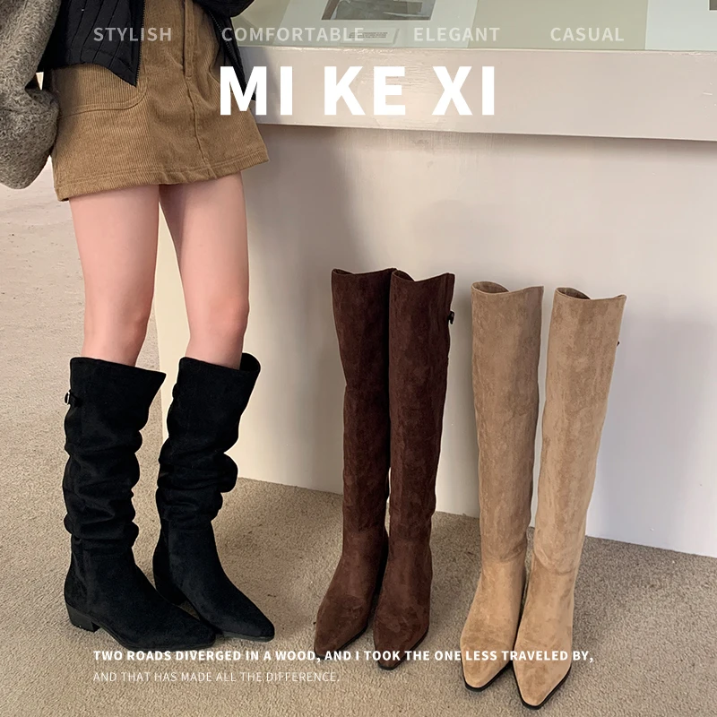 长靴长筒靴女2024新款冬季尖头粗跟高跟过膝瘦瘦靴小个子网红百搭