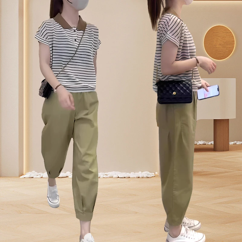 韩版显瘦套装夏季新款轻熟风复古女装条纹翻领短袖多巴胺夏季衣服