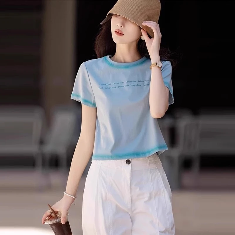 设计感小众字母印花圆领短袖T恤女2025夏季新款时髦洋气宽松上衣