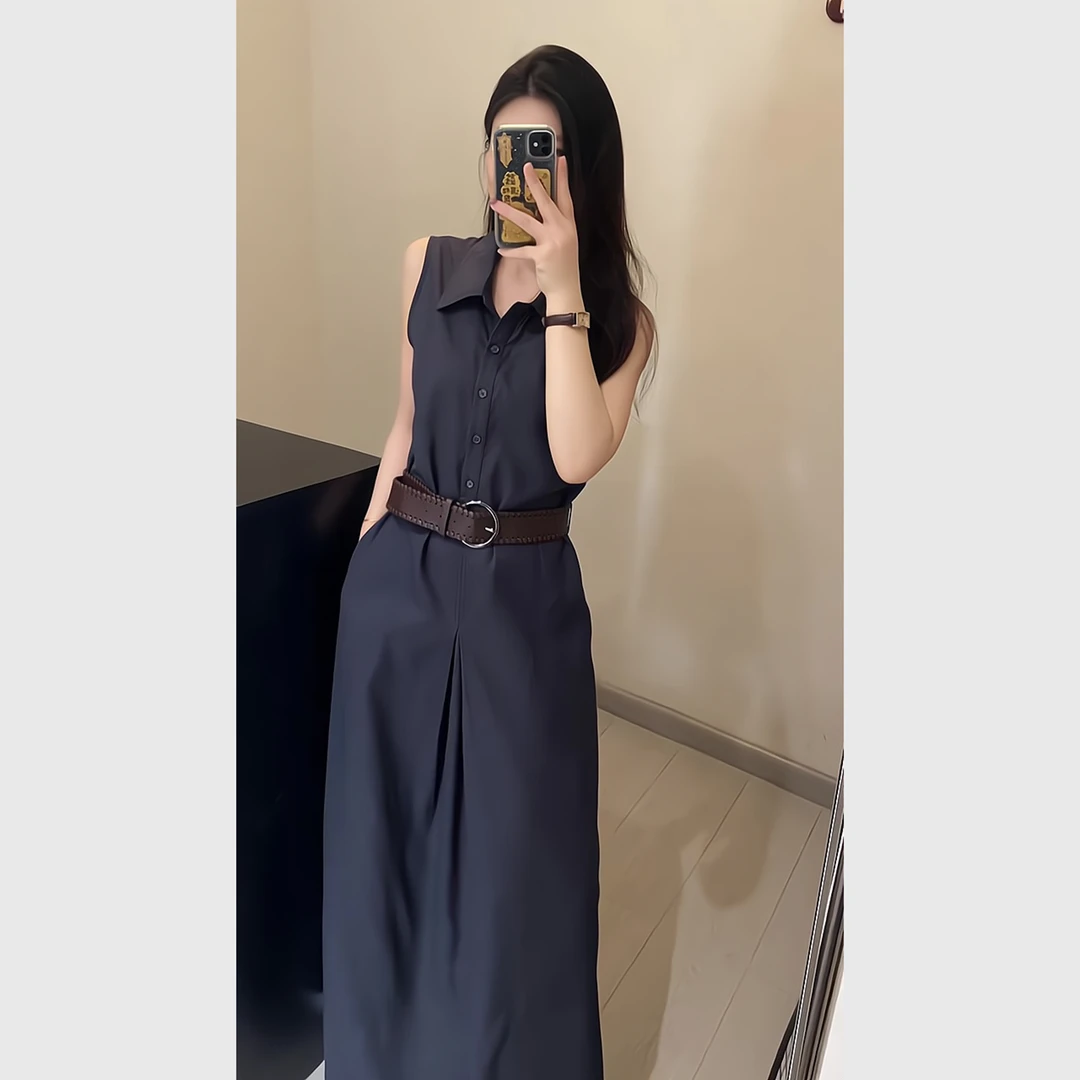 复古无袖藏蓝色衬衫连衣裙女夏季新款工装V领显瘦收腰气质长裙子