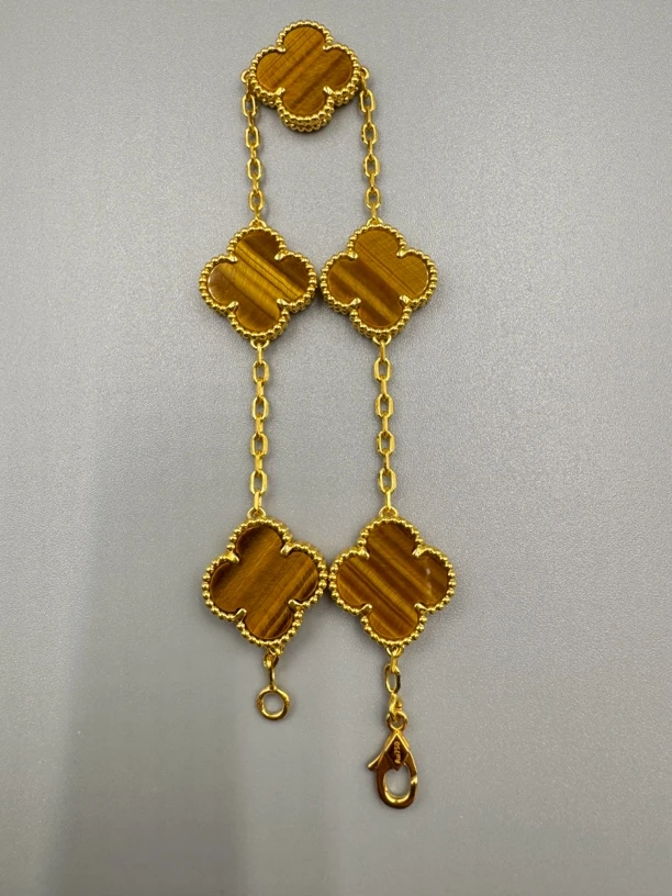 重金五花18K金虎眼石15mm四叶草手链