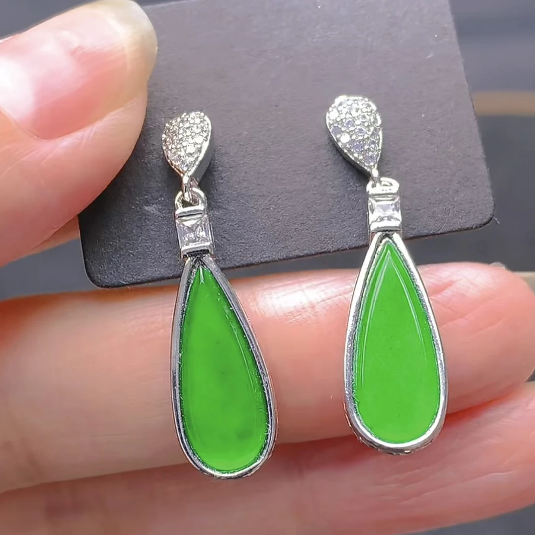 纯天然翡翠阳绿水滴耳钉耳坠耳饰