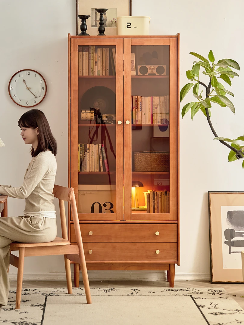 【上新啦】全实木书柜樱桃木色书房收纳柜日式简约大容量带门展示柜