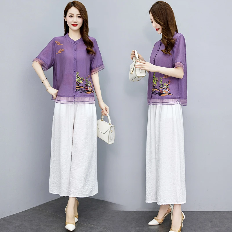 妈妈洋气新中式高端天丝麻刺绣上衣阔腿裤套装减龄2025年夏天两件