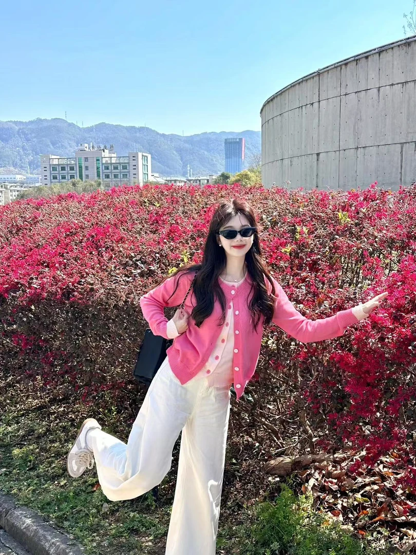 2025早春新款粉色假两件长袖针织开衫外套百搭高腰休闲裤两件套装