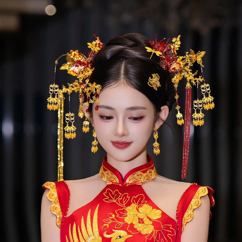 合金婚庆饰品 新娘中式金红色喜字流苏秀禾服龙凤褂结婚发饰G0282