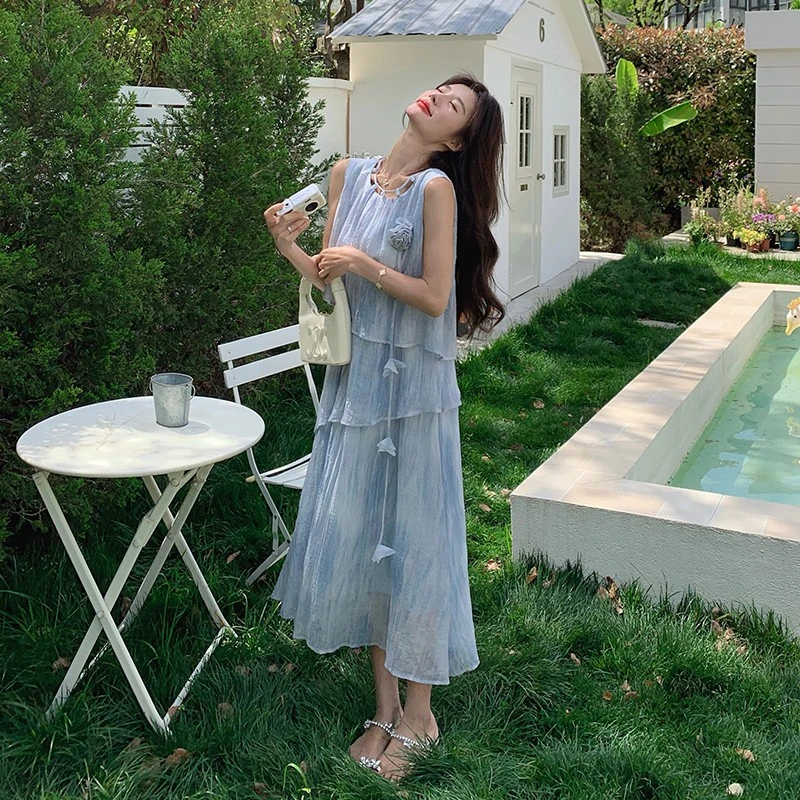 蓝色浪漫背心连衣裙女2025夏季新款法式度假风仙女蛋糕裙拼接长裙