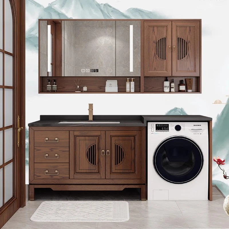 新中式红橡木落地实木浴室柜组合实木洗脸盆卫生间一体高低洗衣机