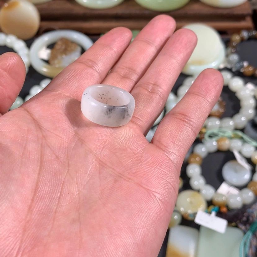 【闪购商品】和田玉戒指未镶嵌河*新疆黑山矿白玉点墨青花戒圈