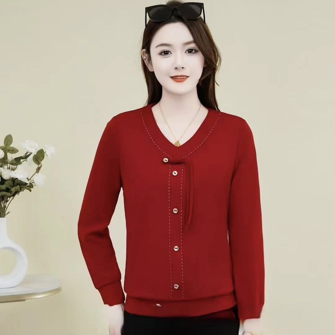 2025早春新款时尚洋气妈妈新中式休闲百搭薄款长袖减龄显瘦打底衫