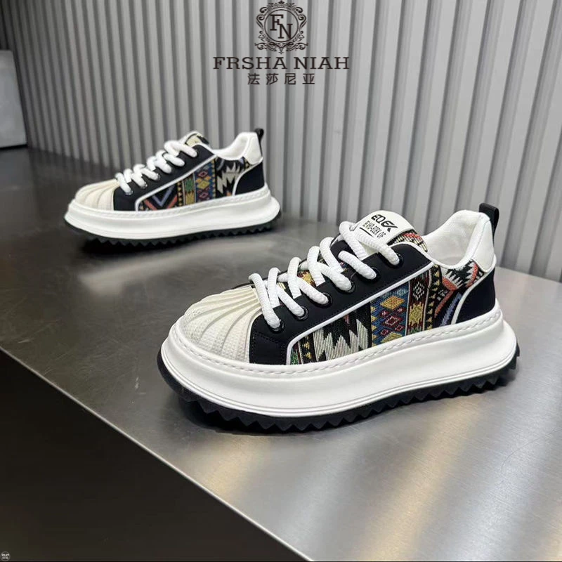 法莎尼亚男鞋新款皮面刺绣厚底增高时尚老爹鞋舒适百搭韩版休闲鞋