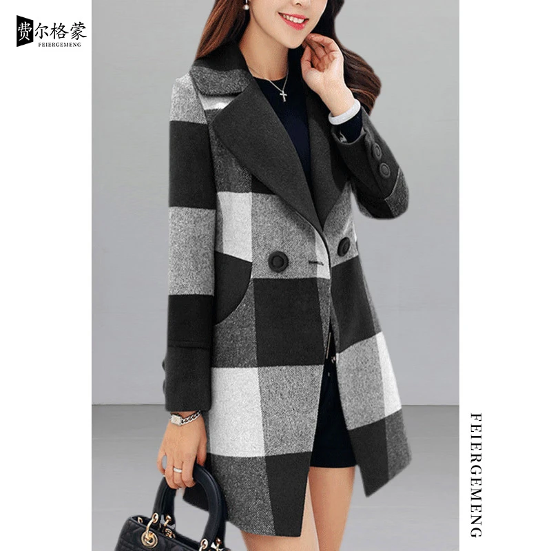 洋气格子呢大衣女修身显瘦中长款气质毛呢外套春冬季时尚减龄百搭