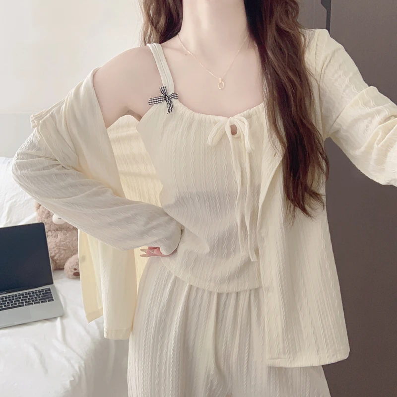 【带胸垫一体】蝴蝶结睡衣女春秋季新款纯棉长袖吊带三件套装家居服