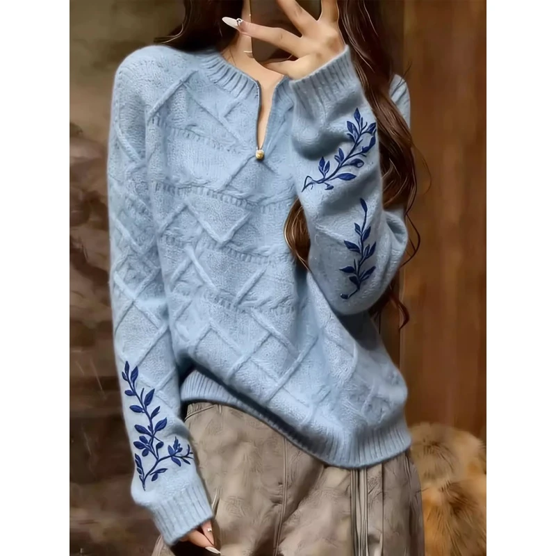 蓝色小众洋气舒适显白新中式针织衫女2025秋冬新款设计感大码上衣