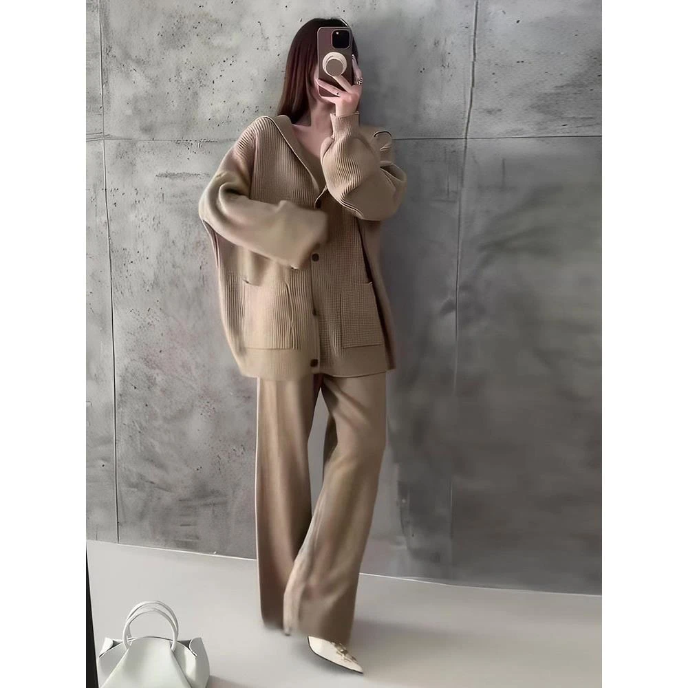 【下单发货模特原版】慵懒风套装宽松开衫针织外套秋季长裤两件套