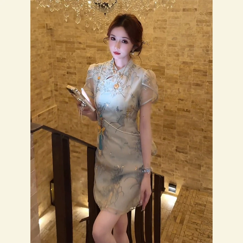 夏季新中式国风改良旗袍高端大气上档次重要场合小个子蓝色连衣裙