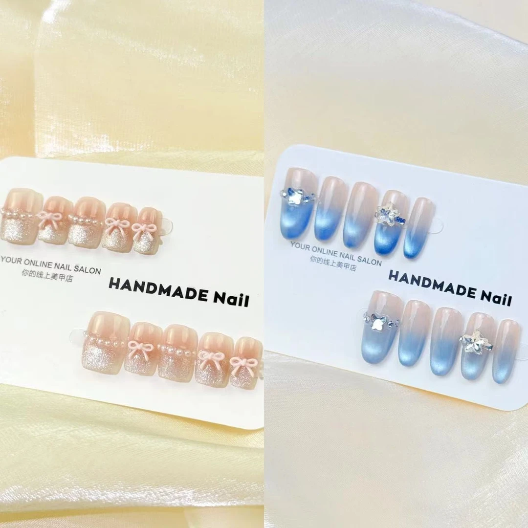 【蝴蝶星愿+湖光梦境】腮红可爱纯手工穿戴甲爆闪猫眼闪钻显白美甲