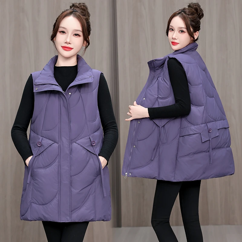 冬季女中长款立领韩版女式马甲保暖百搭加厚坎肩宽松大码马夹背心