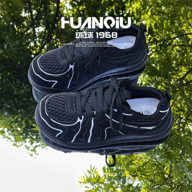 HUANQIU/环球潮流网面简约透气板鞋女鞋2025夏季新款百搭黑色休闲