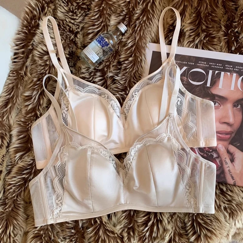 浪莎法式缎面内衣大胸显小薄款软钢圈收副乳防下垂调整型无痕文胸