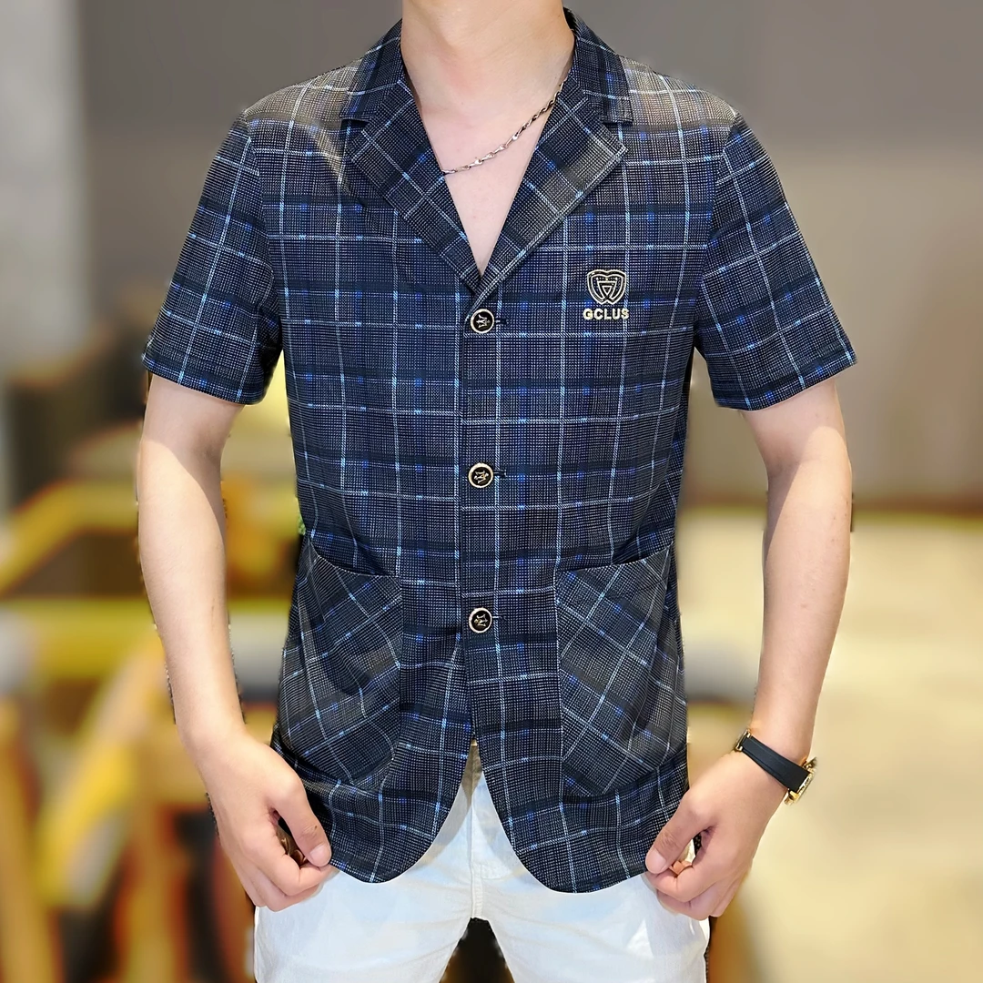2025夏季新款修身男士休闲高品质个性格纹印花冰丝西服短袖衬衫