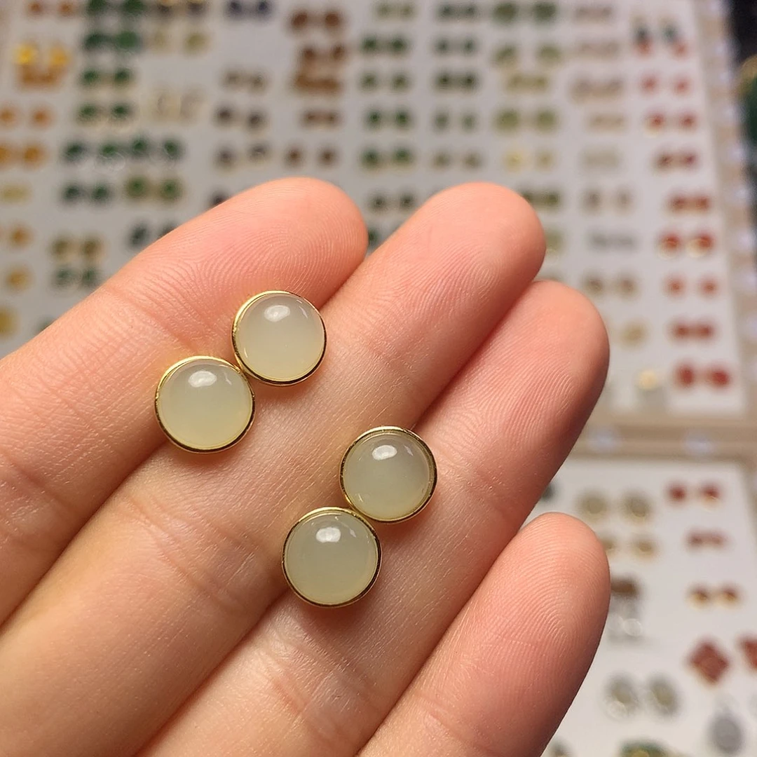 银S925镀金镶嵌和田玉（青白玉）耳饰