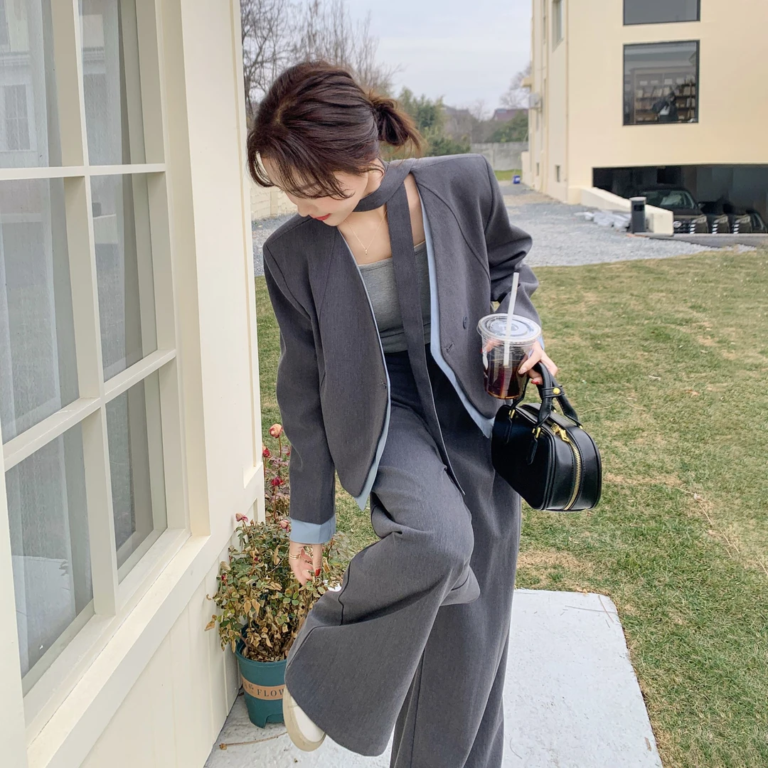飘带拼接灰色西装套装女2025春季新款流行超火阔腿裤两件套高级感
