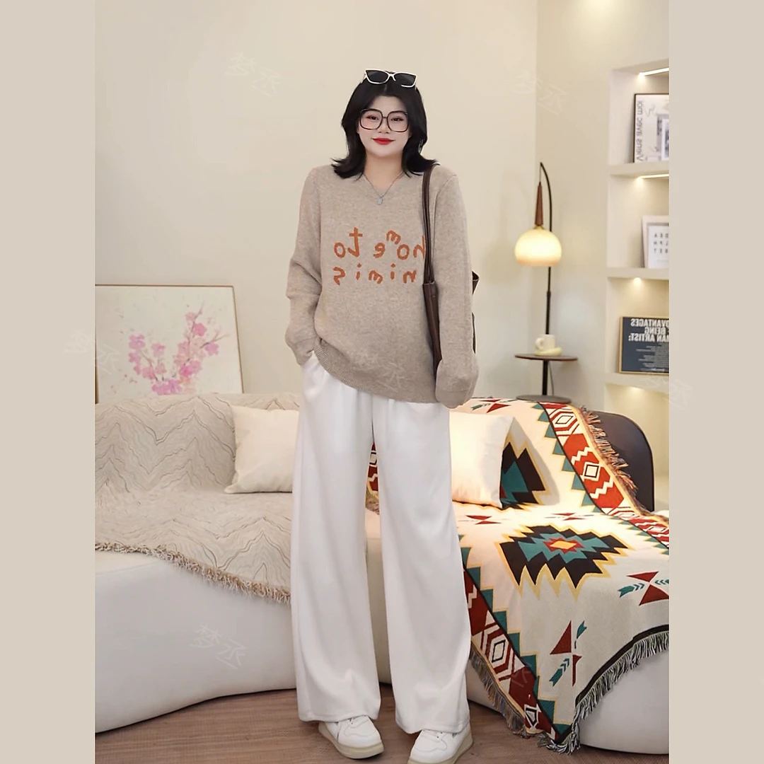 梦丞-显瘦遮肉冬季胖mm大码女装慵懒风韩系圆领字母印花针织毛衣