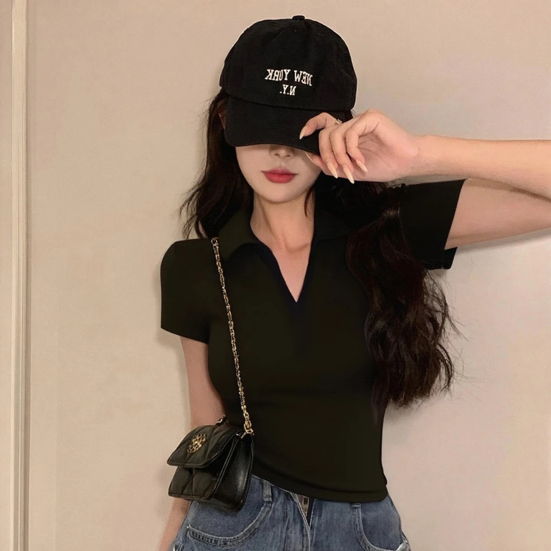 黑色polo领正肩短袖t恤女夏季设计感小众修身显瘦翻领休闲上衣ins