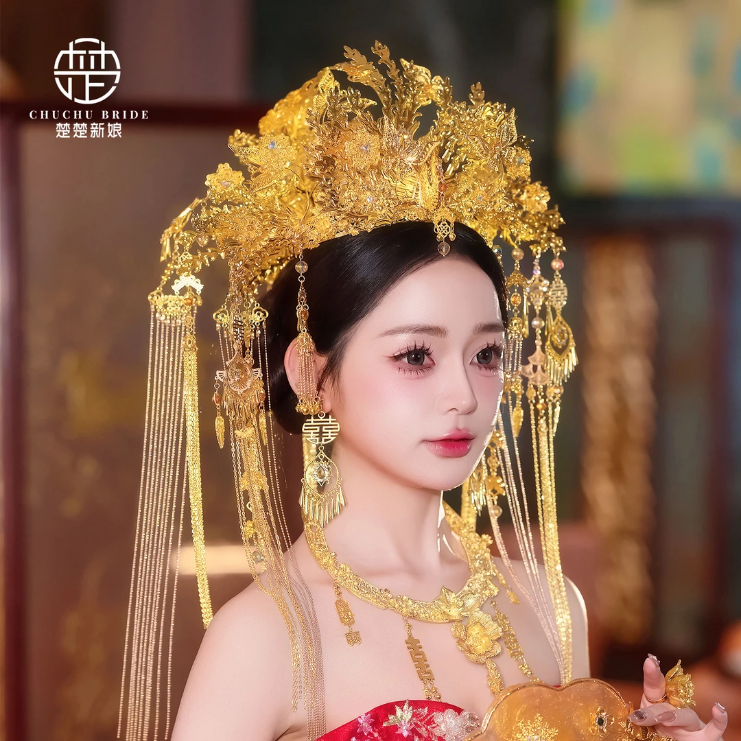 新娘礼服中式凤冠秀禾头饰精致气质百搭汉服全金色发冠配饰
