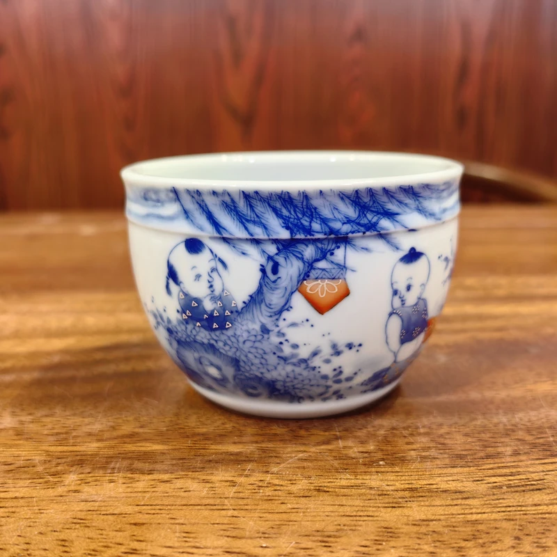 晓剑窑五子婴戏图缸杯 矾红描金童子茶杯 陶瓷手绘单杯摸鱼童子杯
