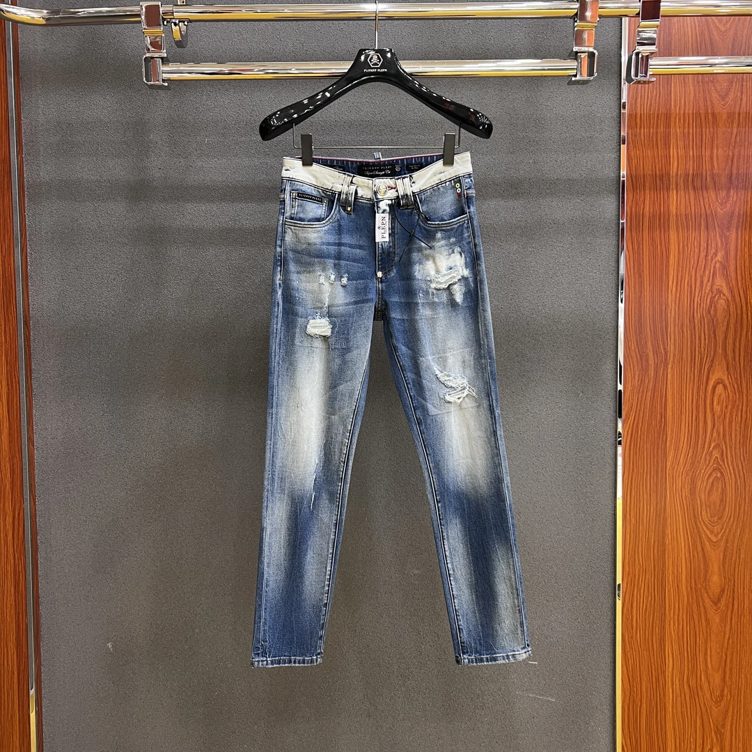 PLIPHPP PLEPN高奢星空重工破洞磨破男士修身弹力直筒牛仔裤9989