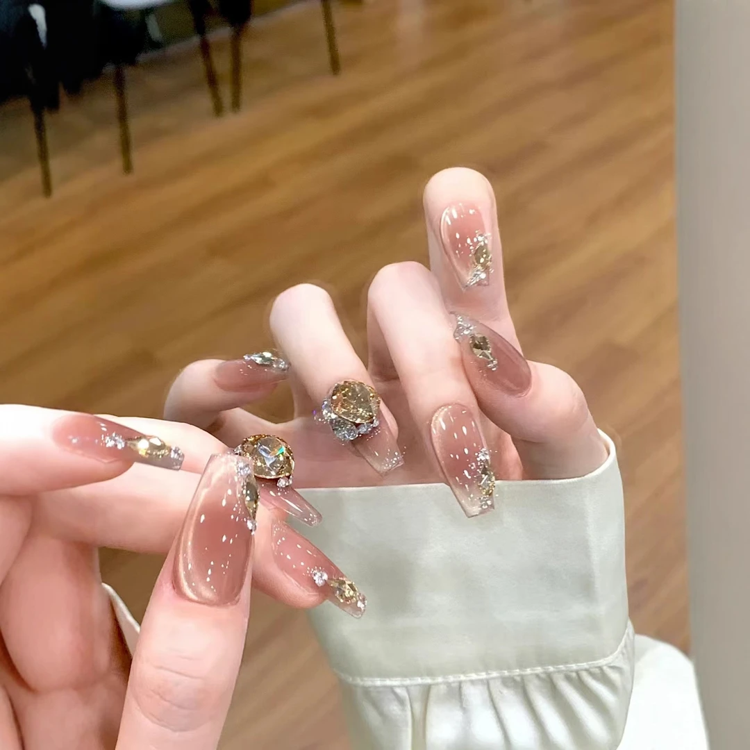 穿戴甲手工款冰透裸色香槟爆闪堆钻猫眼甲片高级感轻奢重工美甲贴