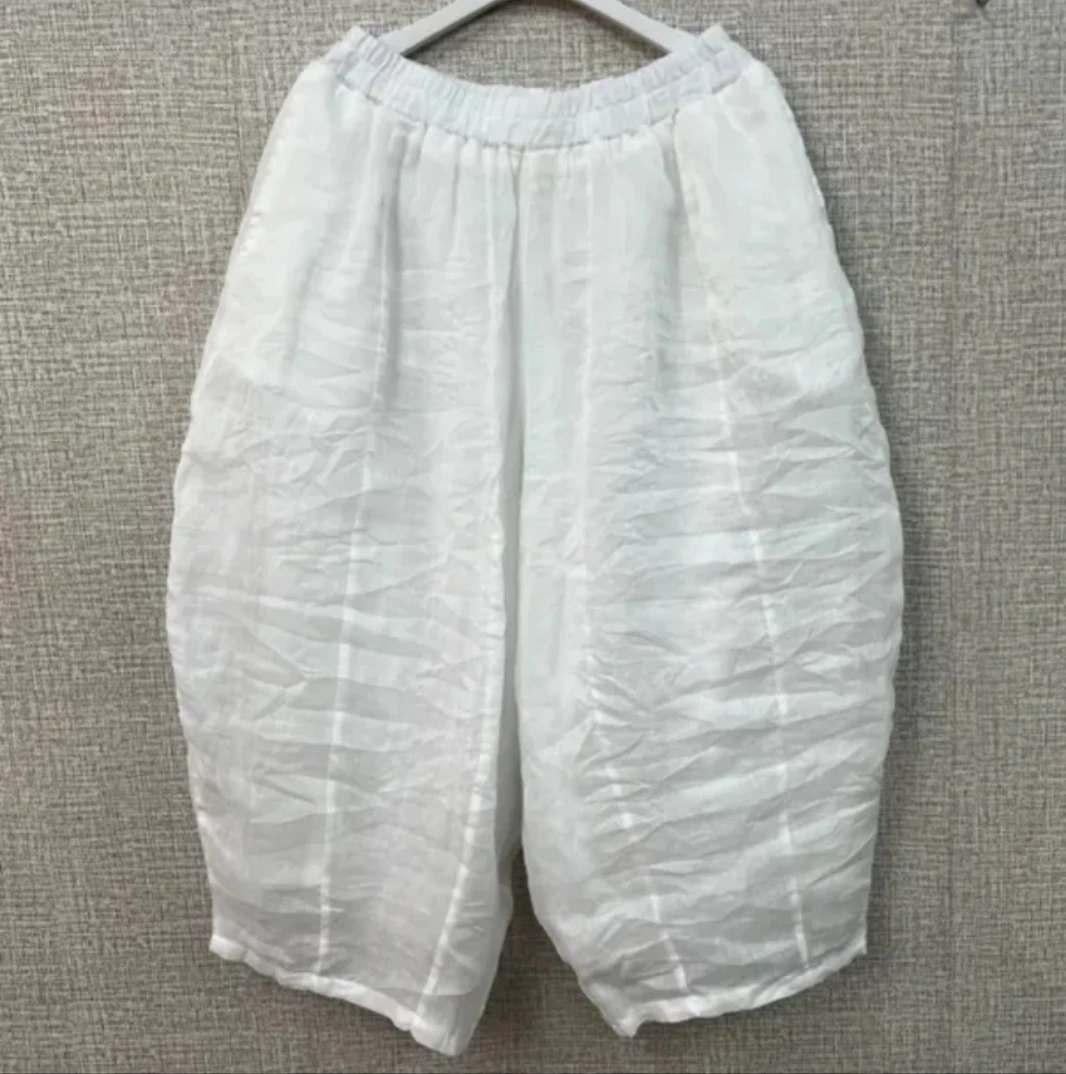 夏季新款12片苎麻做旧南瓜裤双层宽松休闲简约百搭时尚静色松紧腰