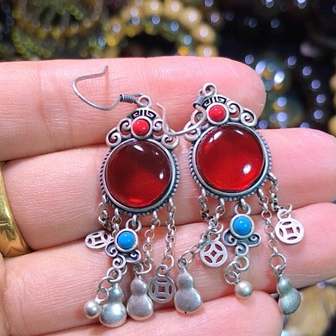 银S925镶嵌琥珀耳饰福利精品血泊耳环