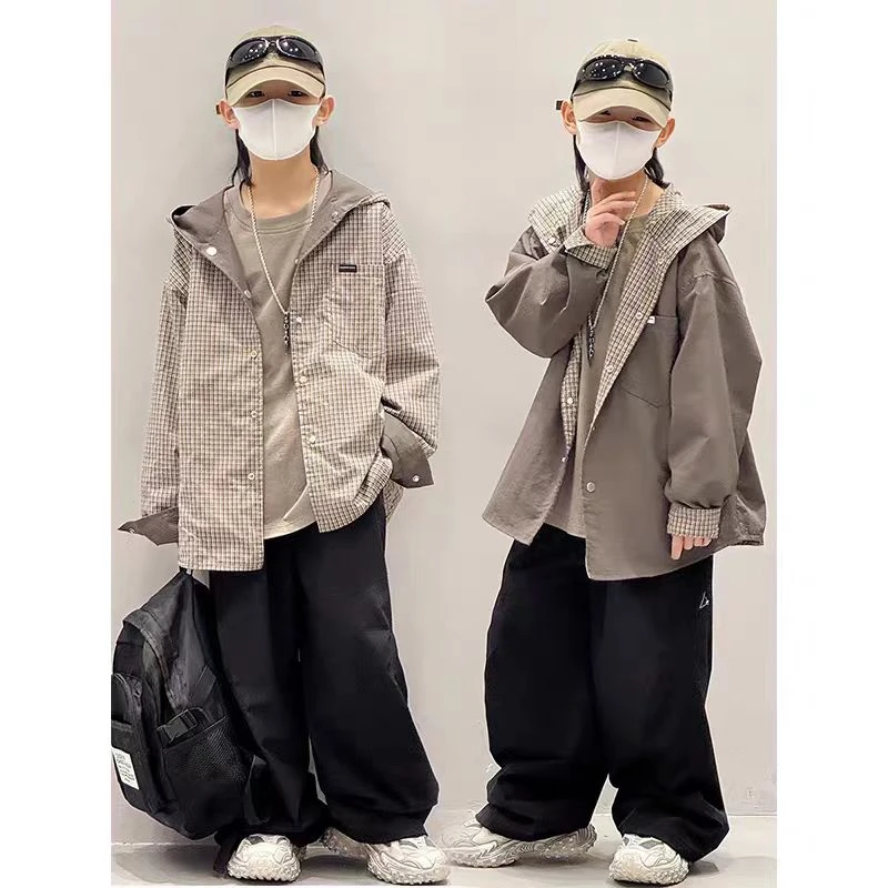 儿童双面穿外套2025秋季新款男童女童格子连帽上衣时髦韩版男孩潮