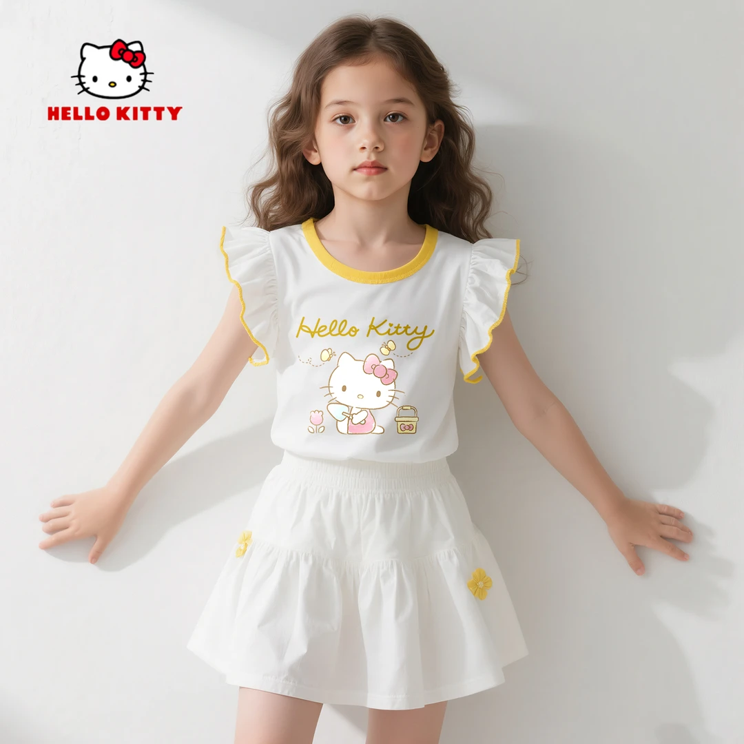 Hello Kitty女童夏短袖t恤2025新款洋气木耳花边女孩上衣儿童背心