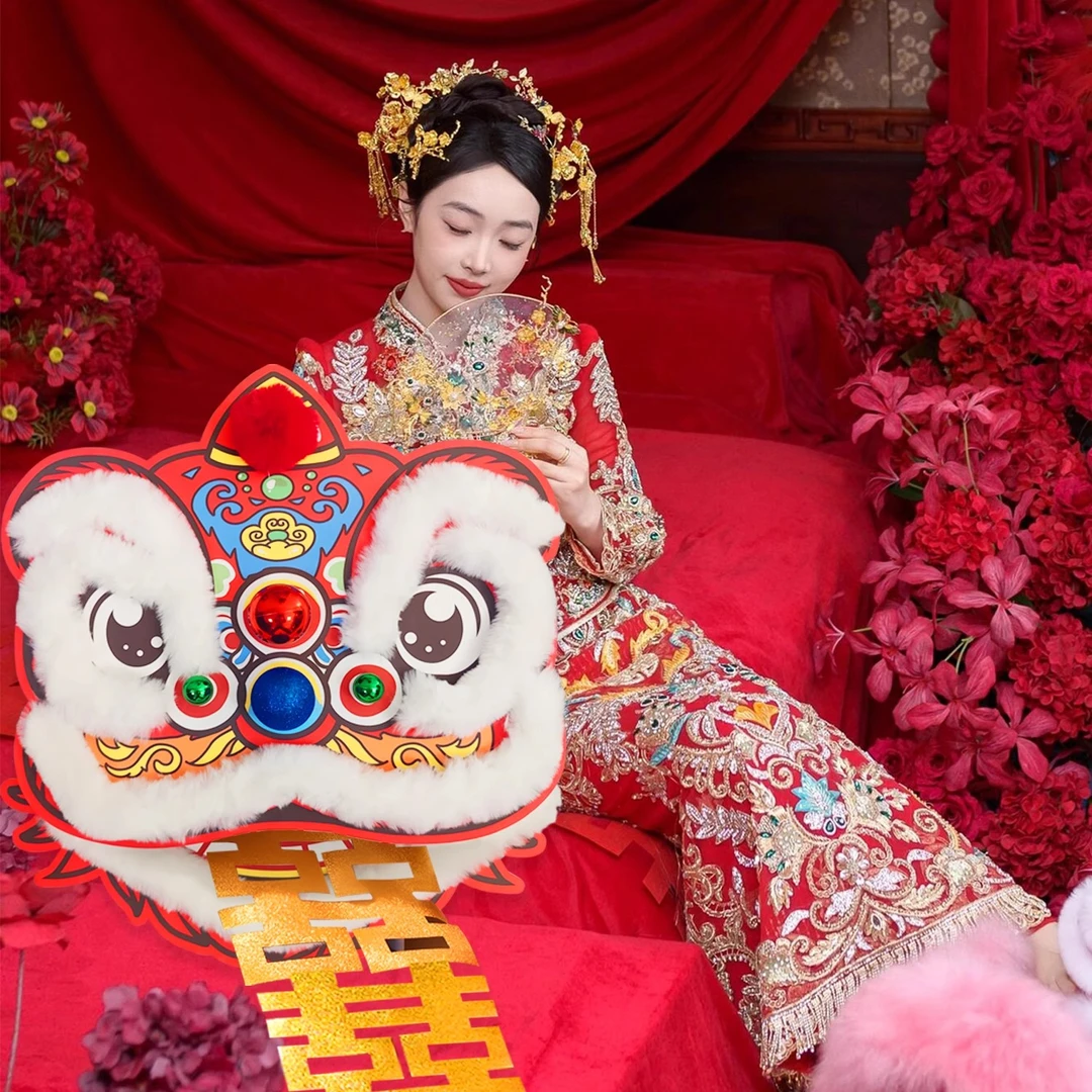 醒狮创意摆件结婚礼喜庆狮子头拍照传统订婚晨袍装饰道具婚房装扮