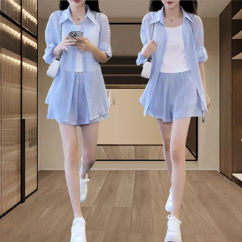 韩版防晒长袖外套休闲短裤套装女2025年夏季新款潮流设计感两件套