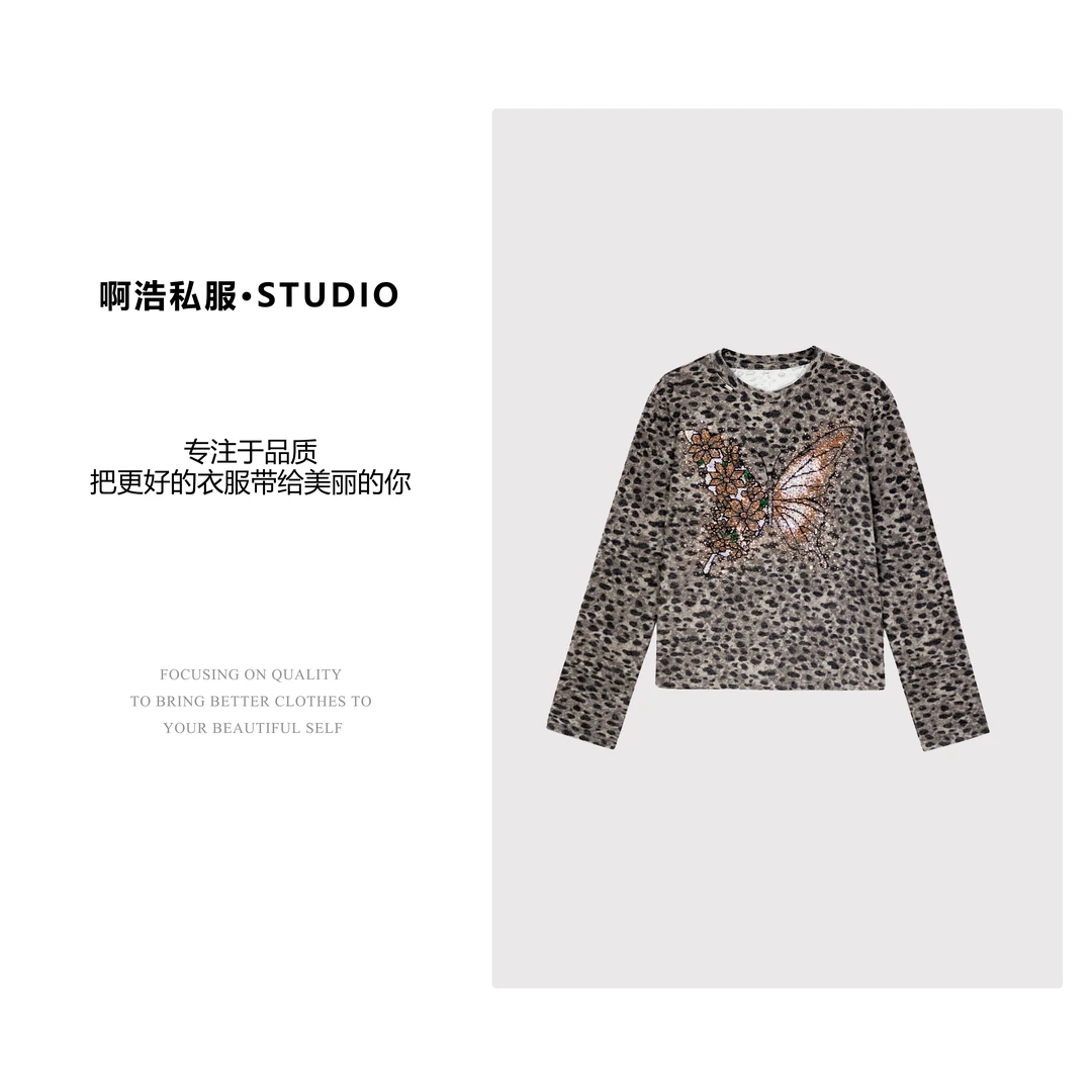 【啊浩私服】冬季新款时尚休闲豹纹烫钻百搭上衣#1113
