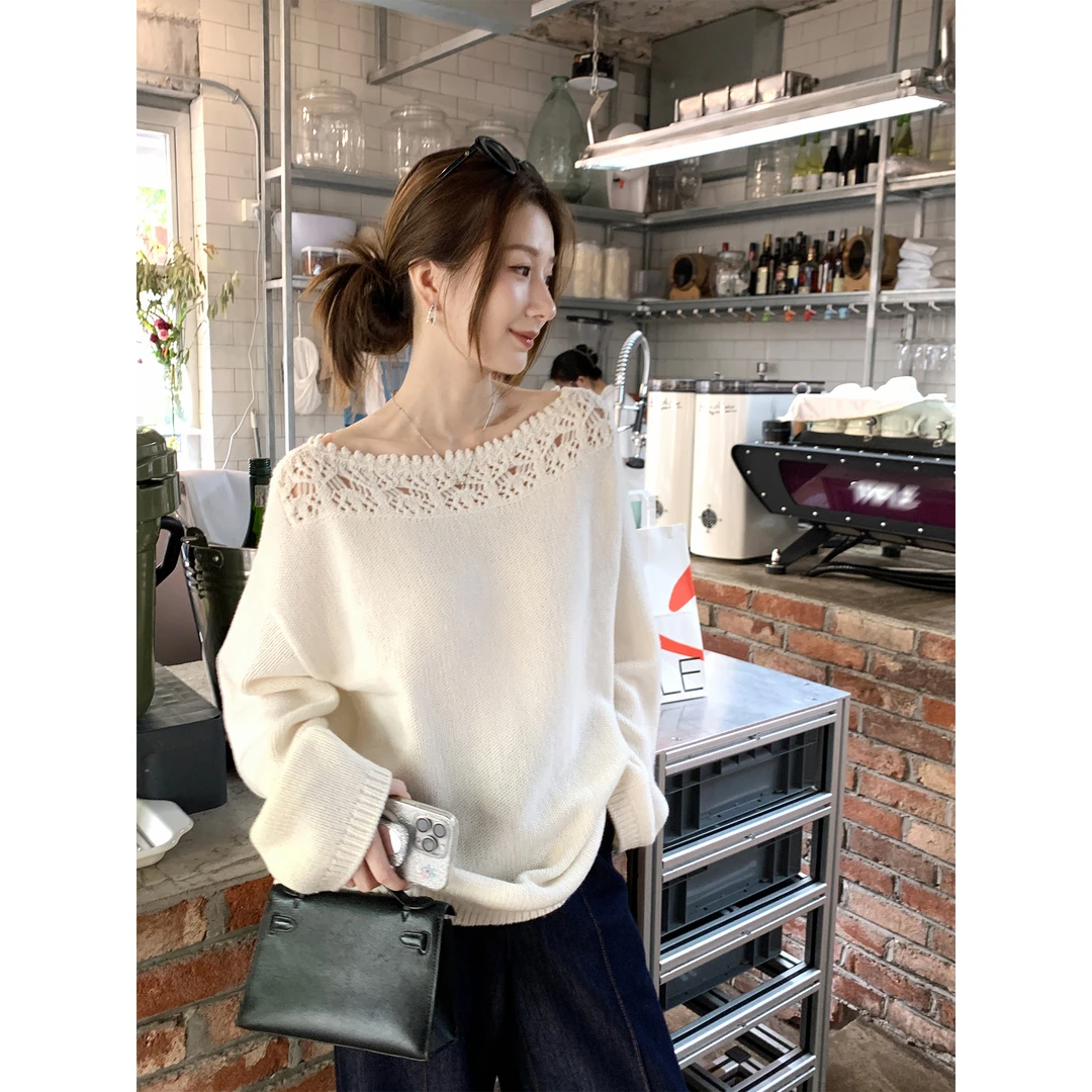 夏诗文 美利奴全羊毛镂空花边一字领针织衫女秋长袖宽松慵懒上衣