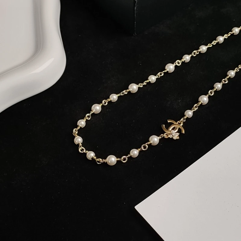 95新 Chanel/香奈儿 23K浅金色山茶花双C珍珠链Chocker项链 51826