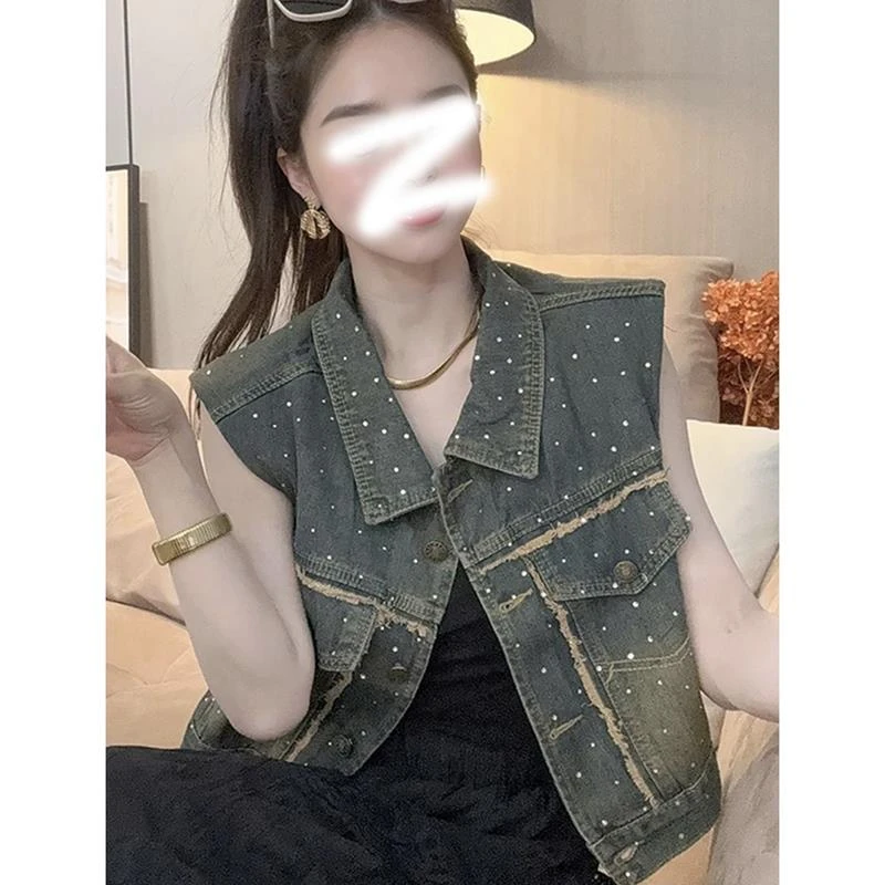 杜拉妮复古毛边烫钻牛仔马甲外套女夏季叠穿感时尚休闲坎肩宽松背