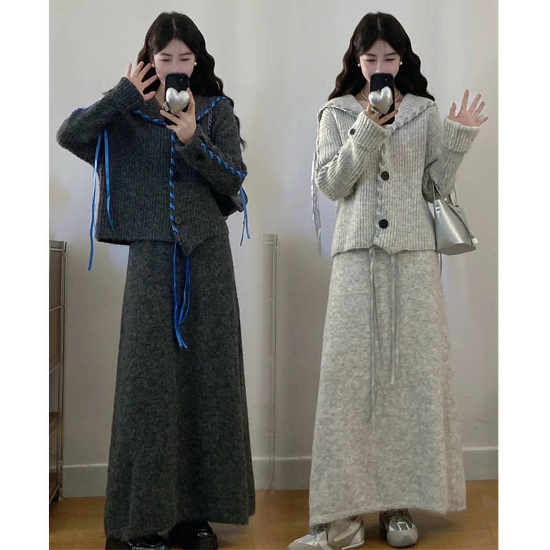 大码胖mm秋季新款设计感飘带大翻领宽松针织毛衣半身裙两件套装女