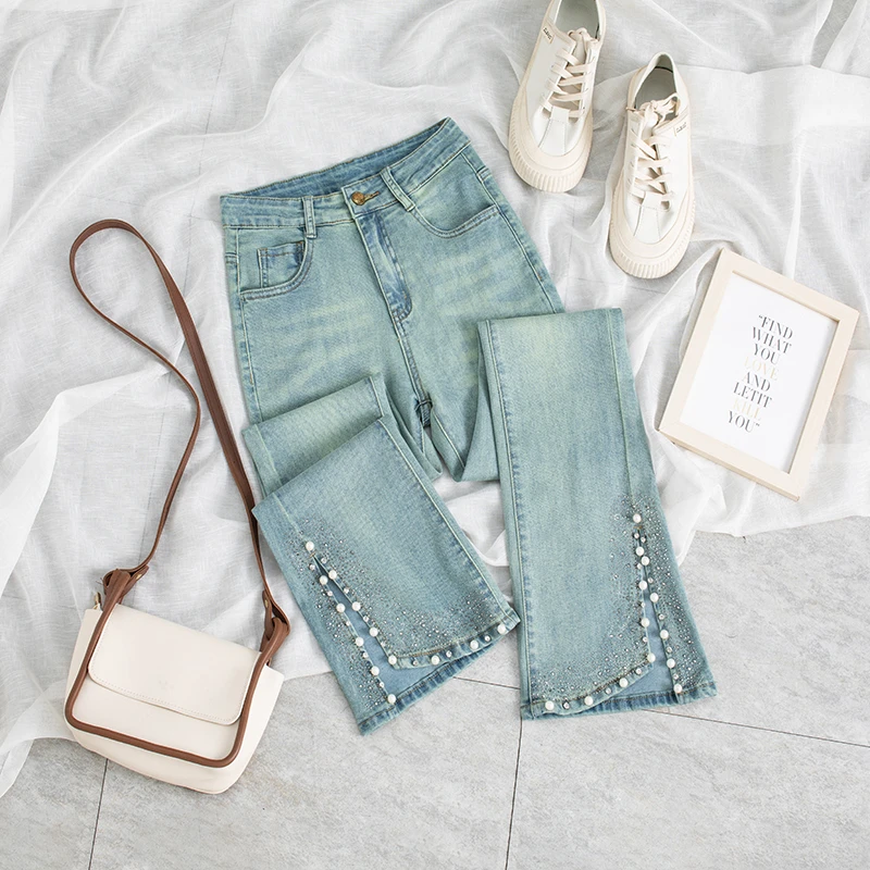 春季新款钉珠烫钻微喇牛仔裤女2025高腰弹力显瘦开叉裤子9708