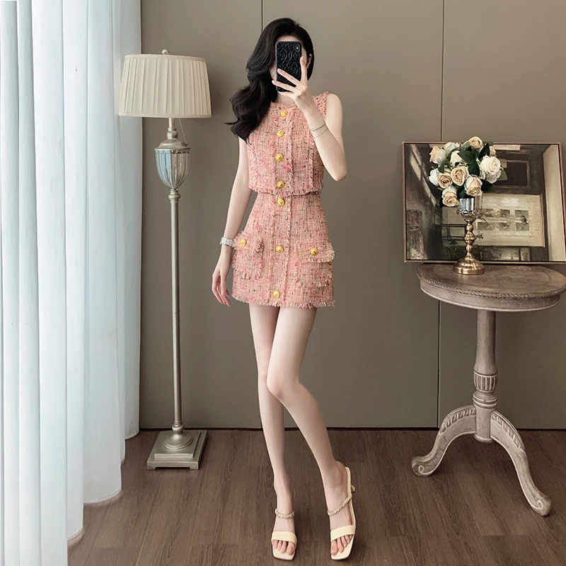 夏季法式名媛时尚小香风套装女洋气无袖粗花呢编织马甲短裙两件套