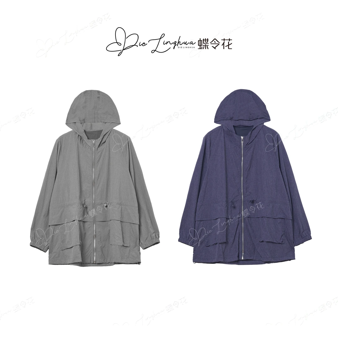 蝶令花简约休闲百搭时尚随性格纹长袖连帽口袋外套252180琥珀流光