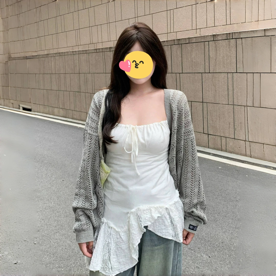 大码胖mm甜美风不规则蕾丝拼接吊带背心设计感辣妹外穿开衫女套装